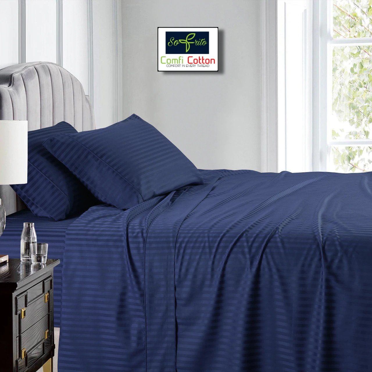 Flat Bedsheet Glace Cotton 300 TC - Striped (Without Pillow Cover) - Navy Blue Flat Bedsheet Glace Cotton 300 TC - Striped (Without Pillow Cover) - Navy Blue