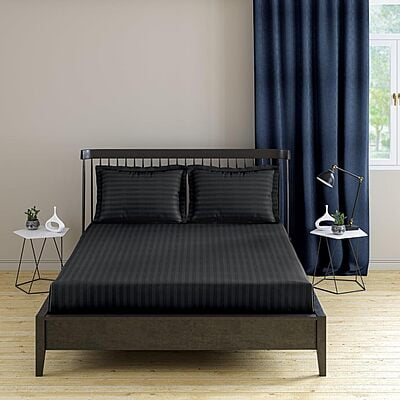 Bedsheet (Fitted) Glace Cotton 300 TC - Striped - Black