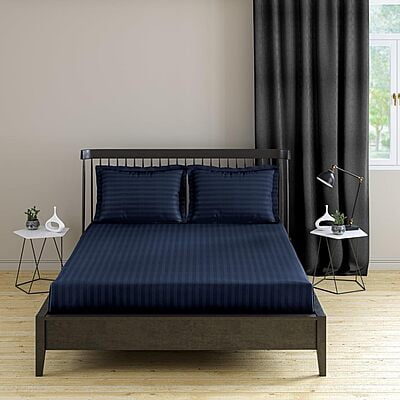 Bedsheet (Fitted) Glace Cotton 300 TC - Striped - Navy Blue