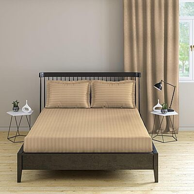 Bedsheet (Fitted) Glace Cotton 300 TC - Striped - Sand Beige
