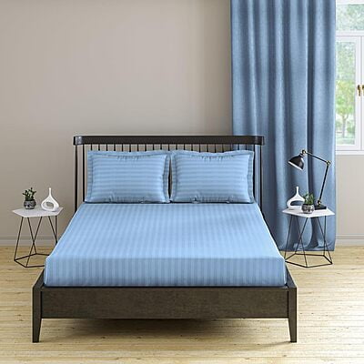 Bedsheet (Fitted) Glace Cotton 300 TC - Striped - Sky Blue