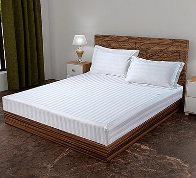 Fitted Bedsheet Glace Cotton 400 TC - Striped - White